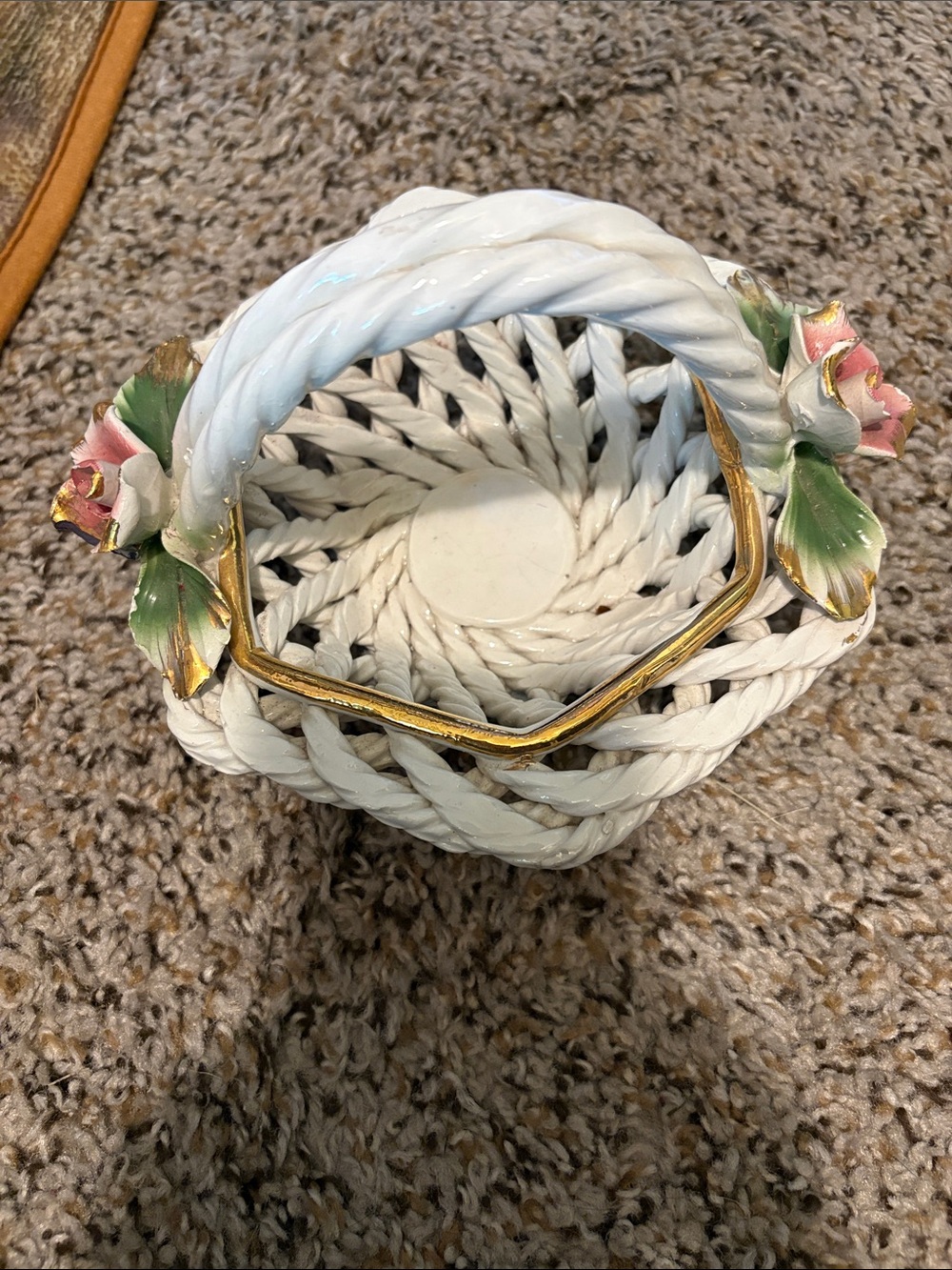 Vintage Capidimonte woven porcelain basket with 3D flowers
